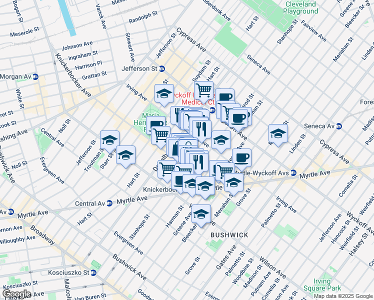 map of restaurants, bars, coffee shops, grocery stores, and more near 234B Stanhope Street in Brooklyn