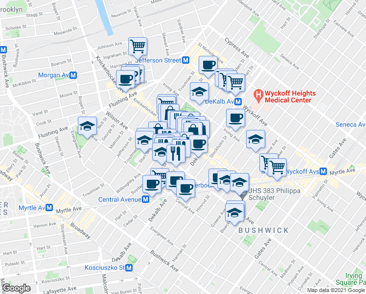 map of restaurants, bars, coffee shops, grocery stores, and more near 228 Suydam Street in Brooklyn