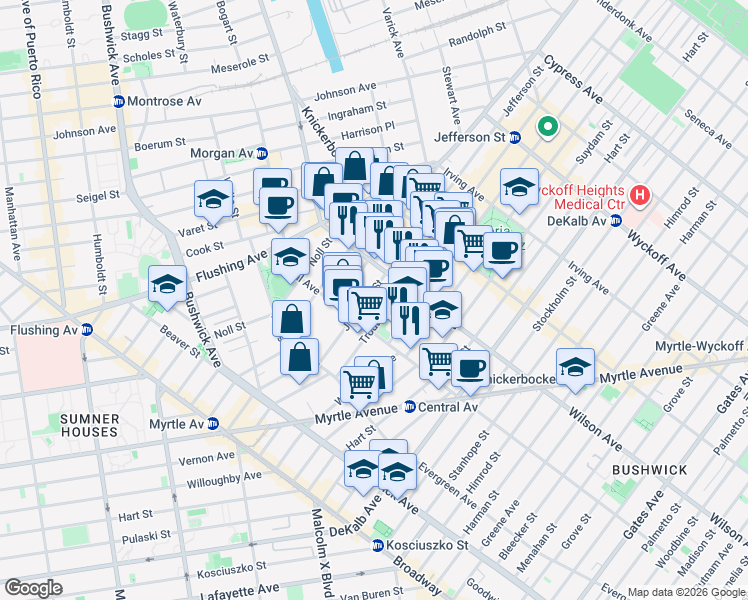 map of restaurants, bars, coffee shops, grocery stores, and more near 174 Jefferson Street in Brooklyn