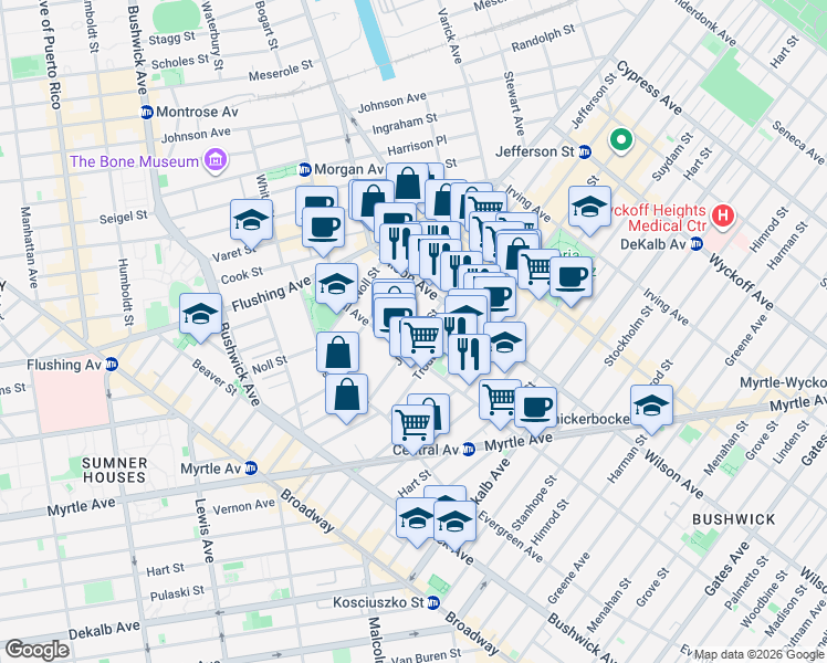 map of restaurants, bars, coffee shops, grocery stores, and more near 174 Jefferson Street in Brooklyn