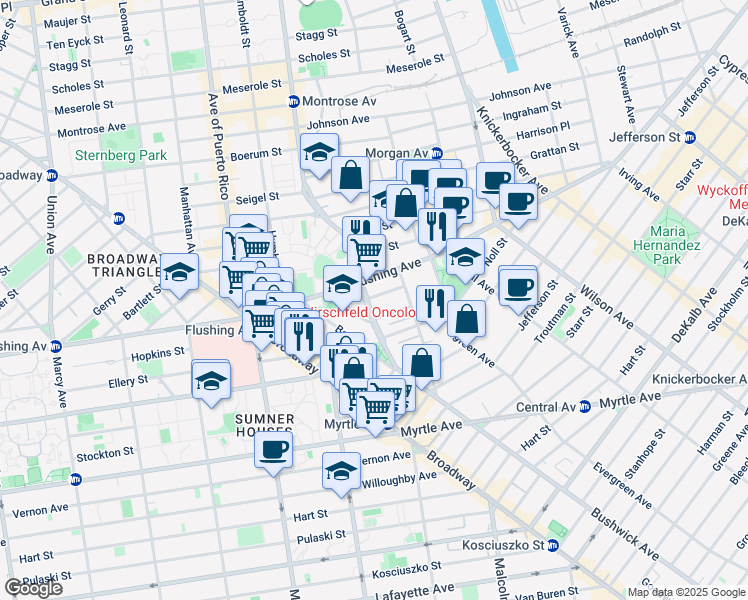 map of restaurants, bars, coffee shops, grocery stores, and more near 489 Bushwick Avenue in Brooklyn