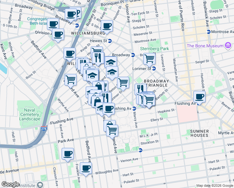map of restaurants, bars, coffee shops, grocery stores, and more near 35 Lorimer Street in Brooklyn