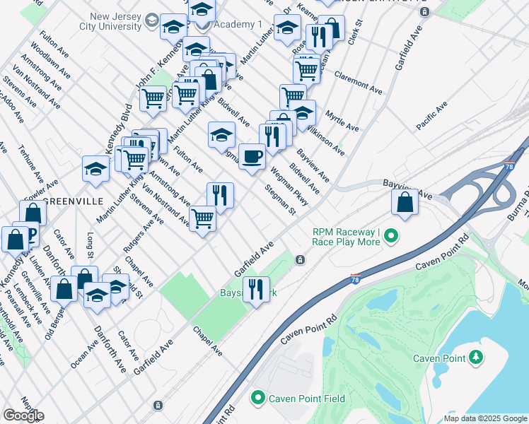 map of restaurants, bars, coffee shops, grocery stores, and more near 17 Bayside Place in Jersey City