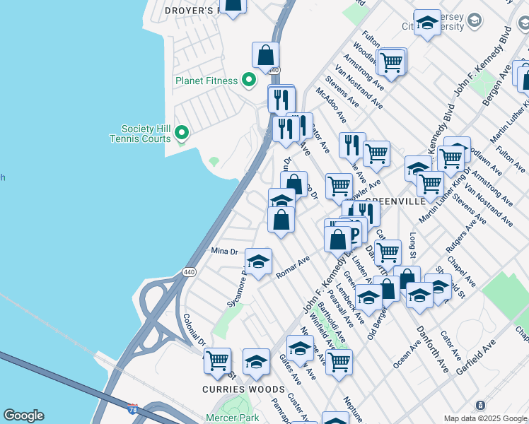 map of restaurants, bars, coffee shops, grocery stores, and more near 6 Suburbia Drive in Jersey City