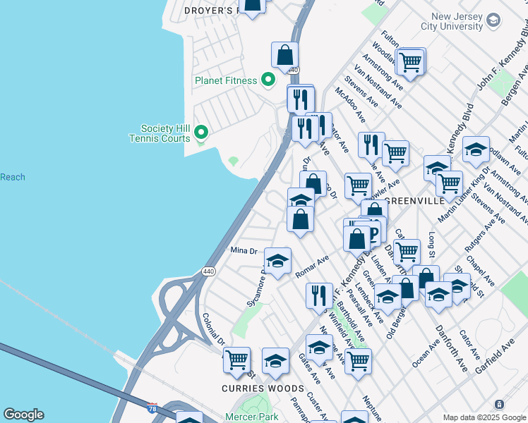 map of restaurants, bars, coffee shops, grocery stores, and more near 14 Pinecrest Road in Jersey City