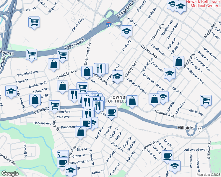 map of restaurants, bars, coffee shops, grocery stores, and more near 311 Florence Avenue in Hillside