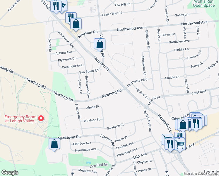 map of restaurants, bars, coffee shops, grocery stores, and more near 2509 Newburg Road in Easton
