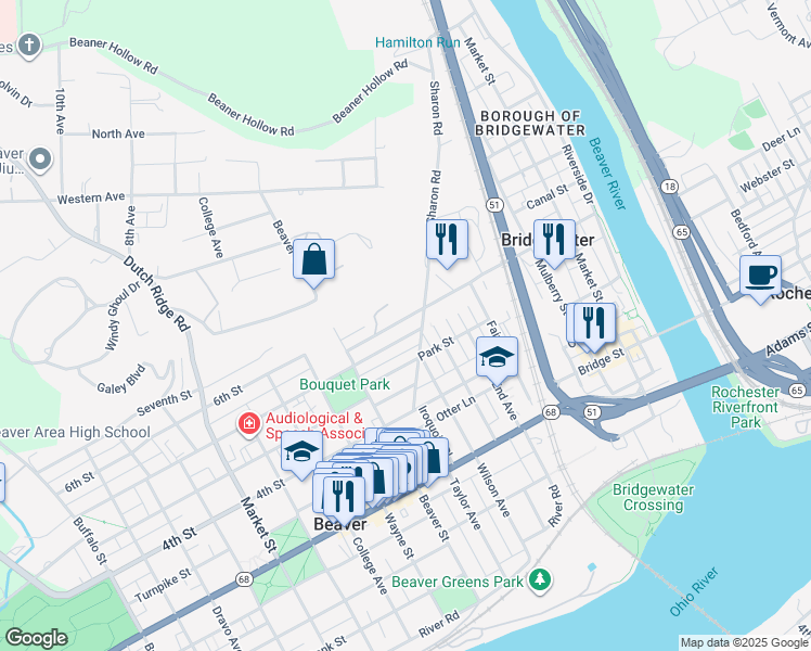 map of restaurants, bars, coffee shops, grocery stores, and more near 328 5th Street in Beaver