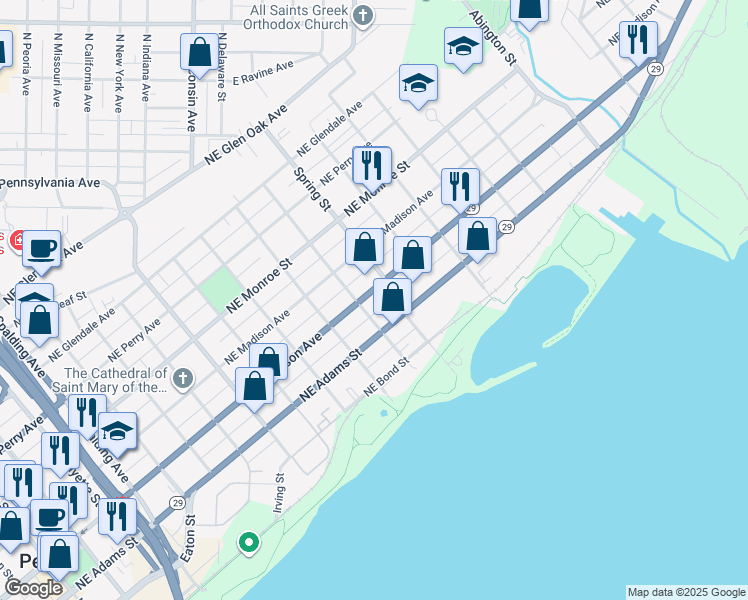 map of restaurants, bars, coffee shops, grocery stores, and more near 1200 Northeast Jefferson Street in Peoria