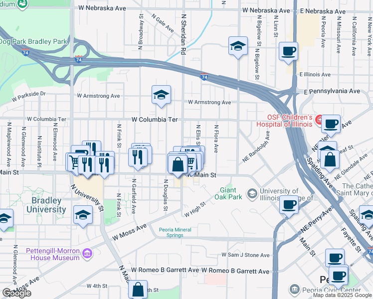 map of restaurants, bars, coffee shops, grocery stores, and more near 1101 North Sheridan Road in Peoria
