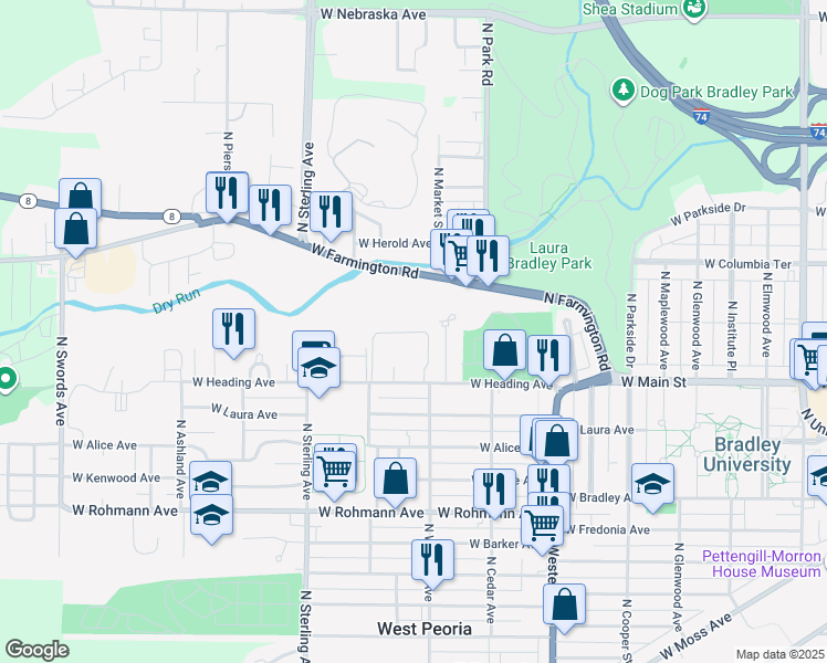 map of restaurants, bars, coffee shops, grocery stores, and more near 2223 W Heading Ave in West Peoria