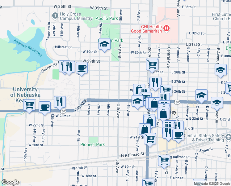 map of restaurants, bars, coffee shops, grocery stores, and more near 423 West 25th Street in Kearney