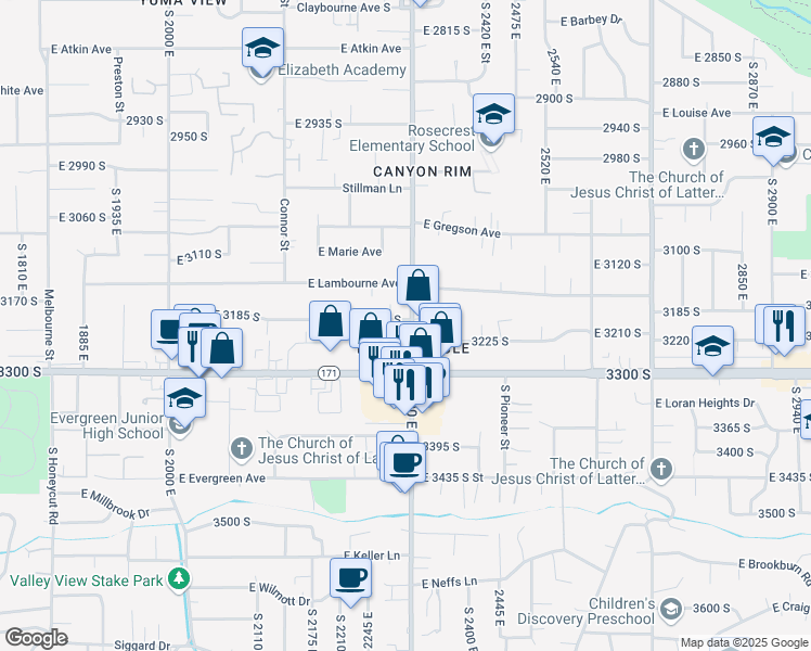 map of restaurants, bars, coffee shops, grocery stores, and more near 3228 South 2300 East in Salt Lake City