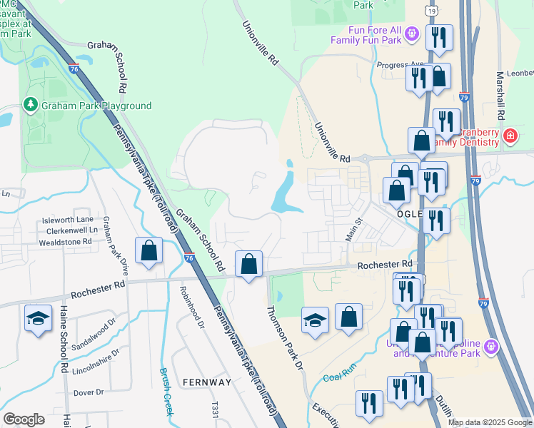 map of restaurants, bars, coffee shops, grocery stores, and more near 130 Norman Drive in Cranberry Township