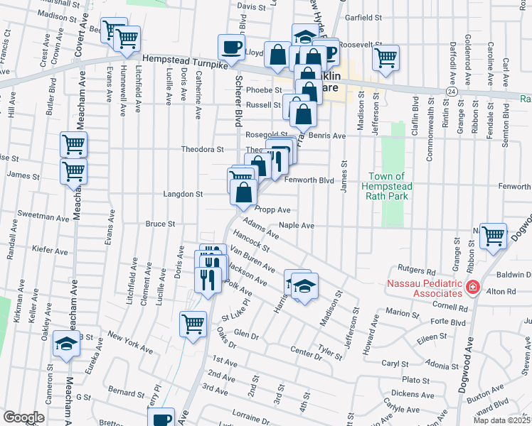 map of restaurants, bars, coffee shops, grocery stores, and more near 1028 Naple Avenue in Franklin Square