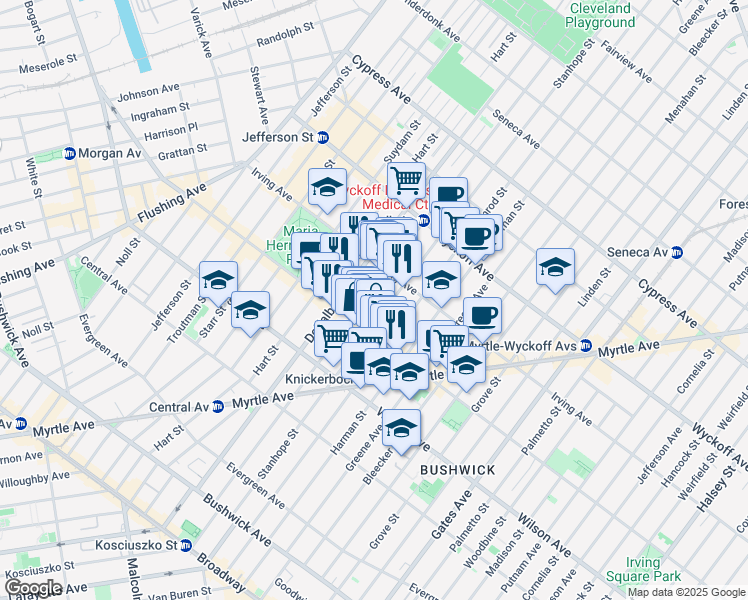 map of restaurants, bars, coffee shops, grocery stores, and more near 234B Stanhope Street in Brooklyn