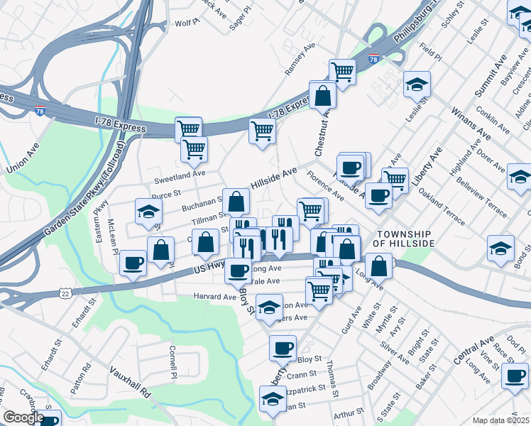 map of restaurants, bars, coffee shops, grocery stores, and more near 470 Mundet Place in Hillside