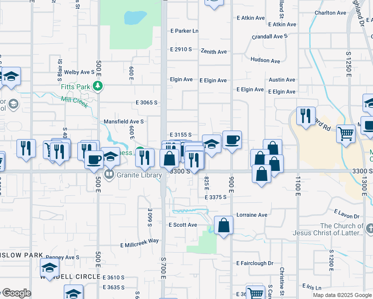 map of restaurants, bars, coffee shops, grocery stores, and more near 766 East Springview Drive in Millcreek
