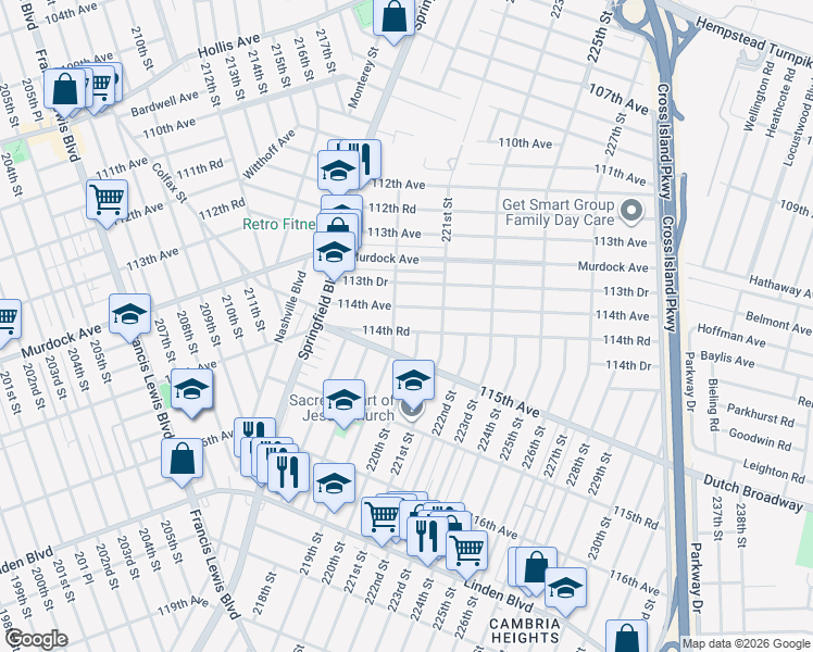 map of restaurants, bars, coffee shops, grocery stores, and more near 220-06 114th Road in Queens