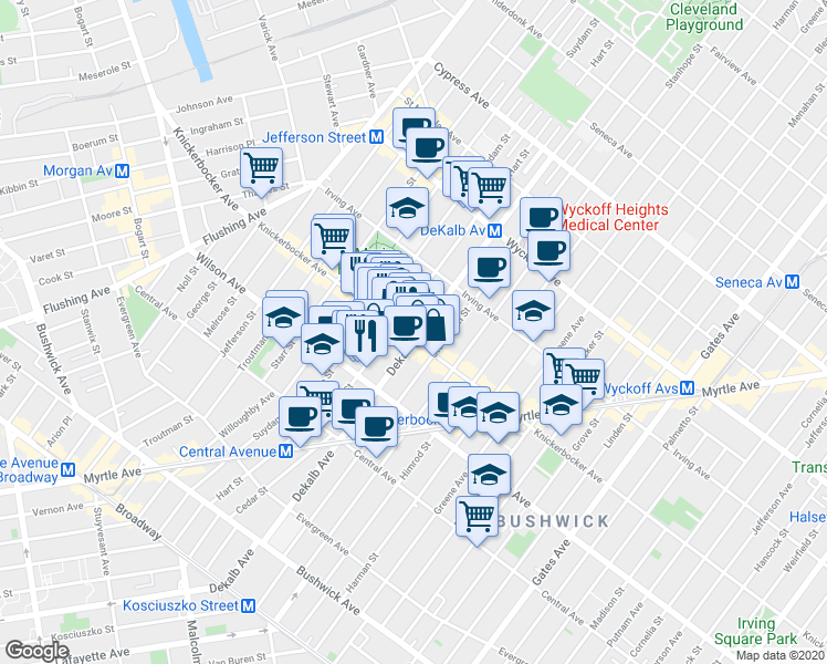 map of restaurants, bars, coffee shops, grocery stores, and more near 342 Knickerbocker Avenue in Brooklyn