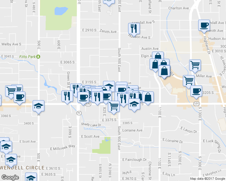 map of restaurants, bars, coffee shops, grocery stores, and more near 862 East Springview Drive in Millcreek
