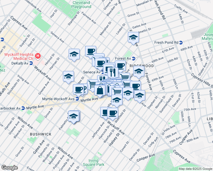 map of restaurants, bars, coffee shops, grocery stores, and more near 17-13 Madison Street in Queens