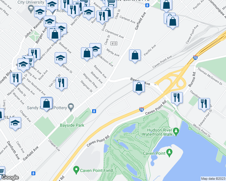 map of restaurants, bars, coffee shops, grocery stores, and more near 4 East Bidwell Avenue in Jersey City
