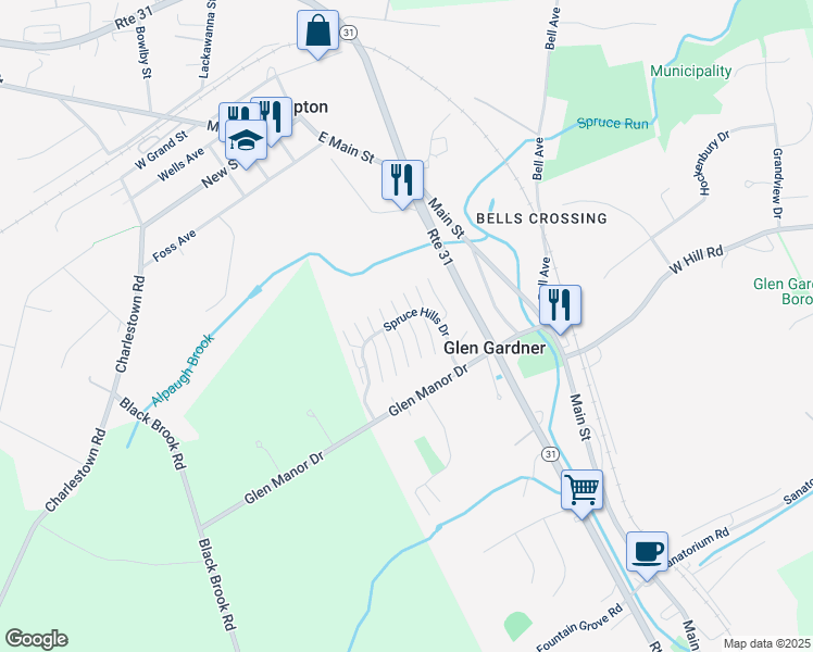 map of restaurants, bars, coffee shops, grocery stores, and more near 1010 Spruce Hills Drive in Glen Gardner