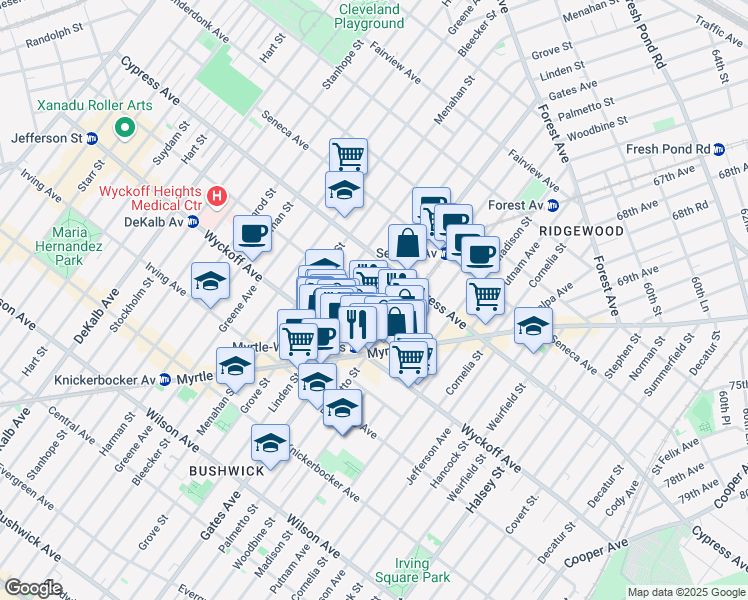 map of restaurants, bars, coffee shops, grocery stores, and more near 310 Saint Nicholas Avenue in Brooklyn