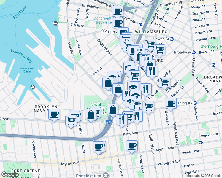 map of restaurants, bars, coffee shops, grocery stores, and more near 26 Hooper Street in Brooklyn