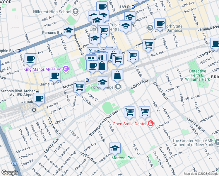 map of restaurants, bars, coffee shops, grocery stores, and more near 104-21 160th Street in Queens