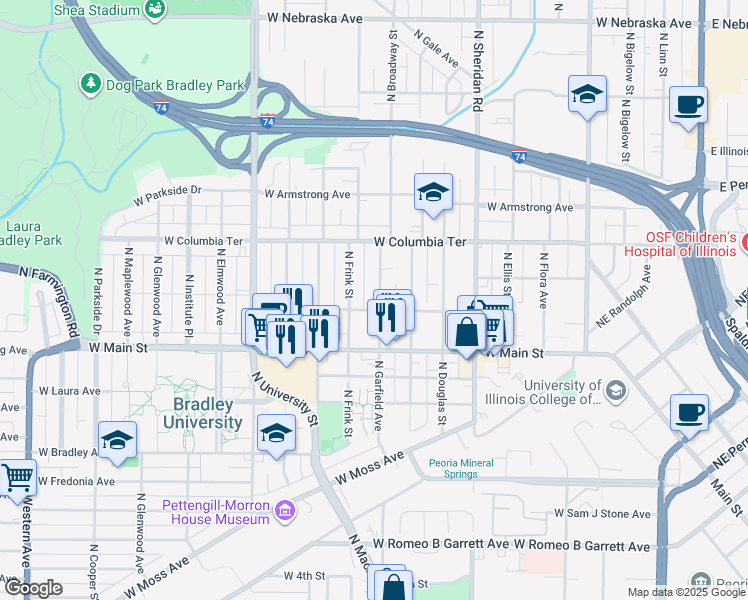 map of restaurants, bars, coffee shops, grocery stores, and more near 1105 North Garfield Avenue in Peoria