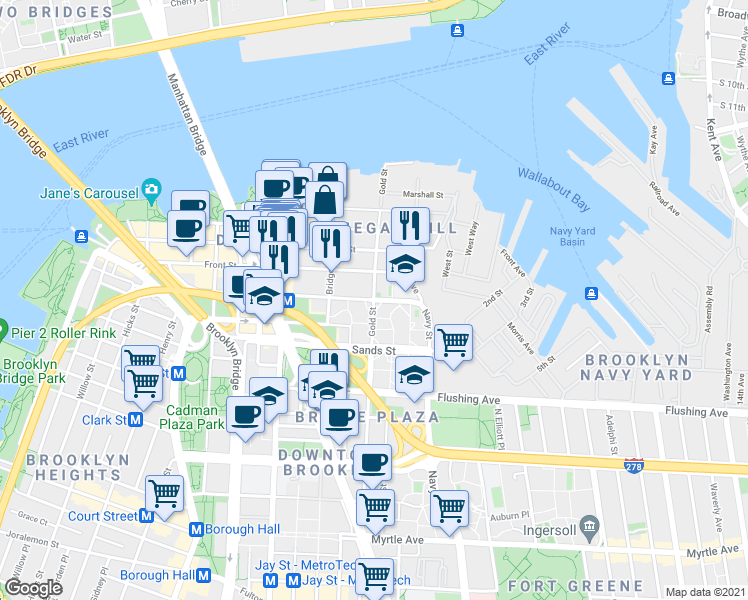 map of restaurants, bars, coffee shops, grocery stores, and more near Gold St & York St in Brooklyn