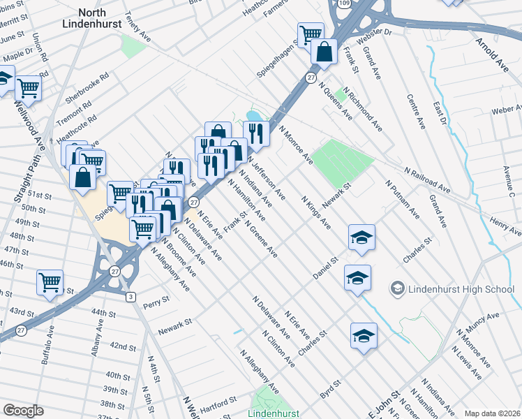 map of restaurants, bars, coffee shops, grocery stores, and more near 693 North Hamilton Avenue in Lindenhurst