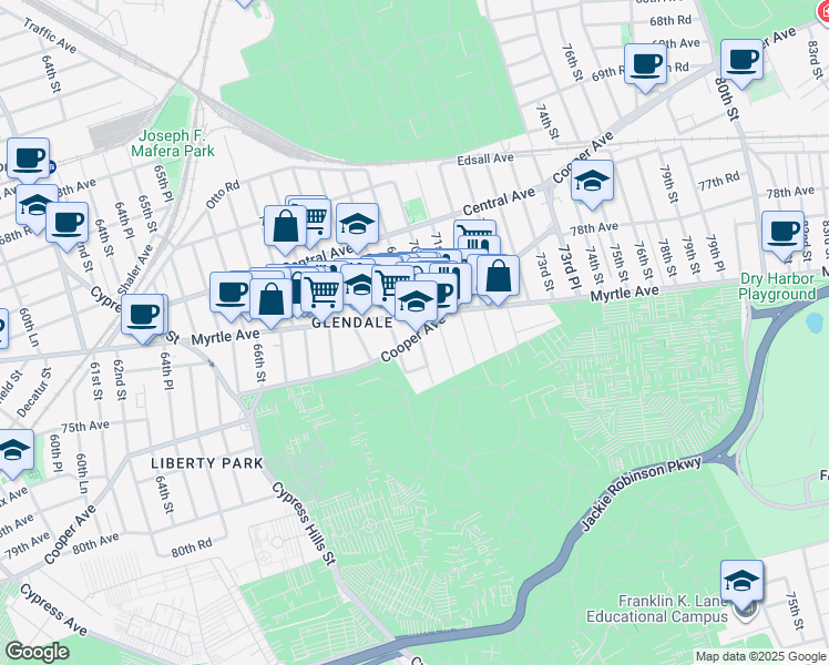 map of restaurants, bars, coffee shops, grocery stores, and more near 72-14 69th Place in Queens
