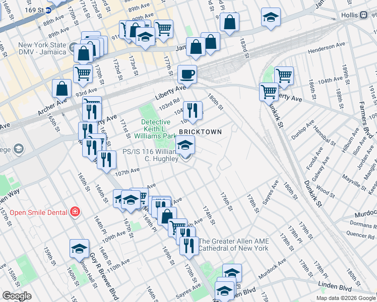 map of restaurants, bars, coffee shops, grocery stores, and more near 107-05 Wren Place in Queens