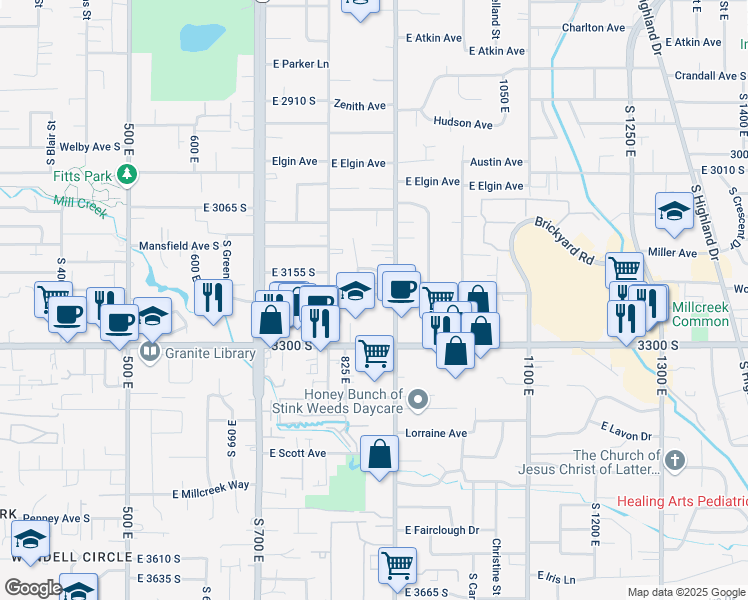 map of restaurants, bars, coffee shops, grocery stores, and more near 862 East Springview Drive in Millcreek