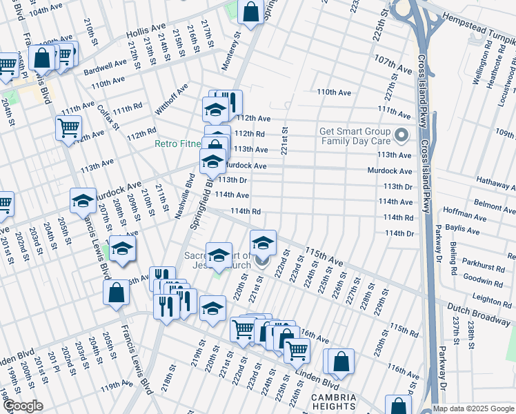 map of restaurants, bars, coffee shops, grocery stores, and more near 219-11 114th Road in Queens