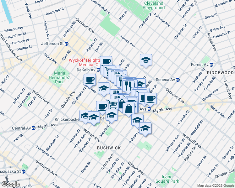 map of restaurants, bars, coffee shops, grocery stores, and more near 337 Bleecker Street in Brooklyn