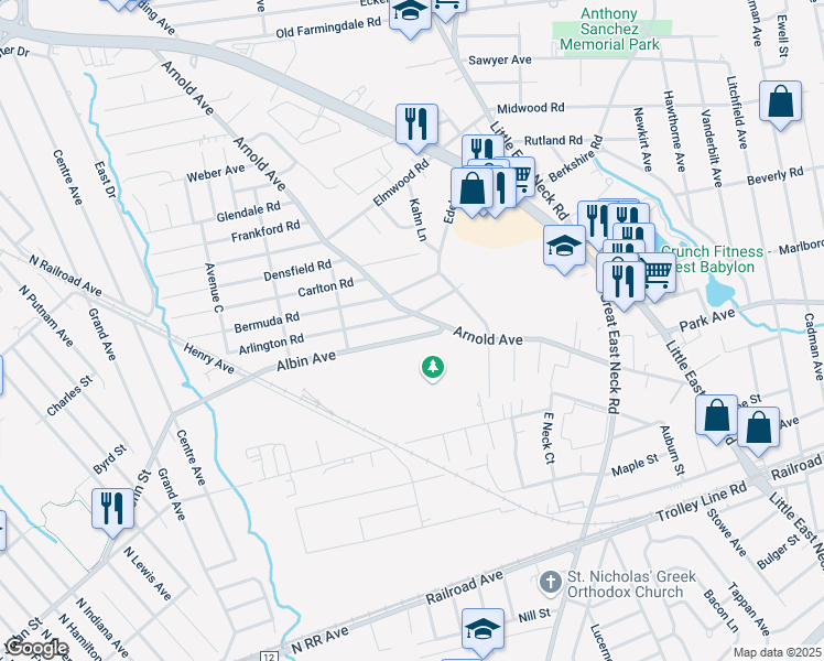 map of restaurants, bars, coffee shops, grocery stores, and more near 615 Albin Avenue in West Babylon