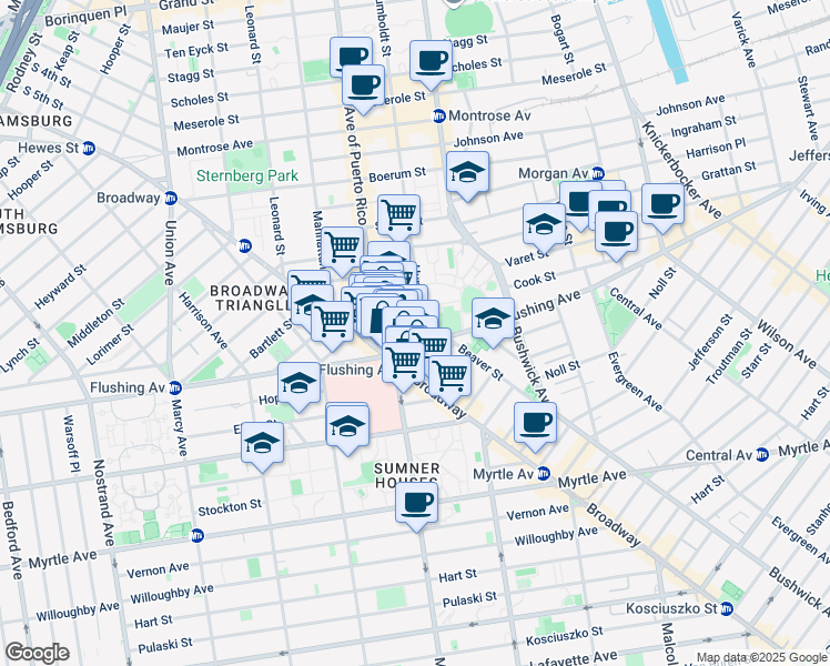 map of restaurants, bars, coffee shops, grocery stores, and more near 793 Flushing Avenue in Brooklyn