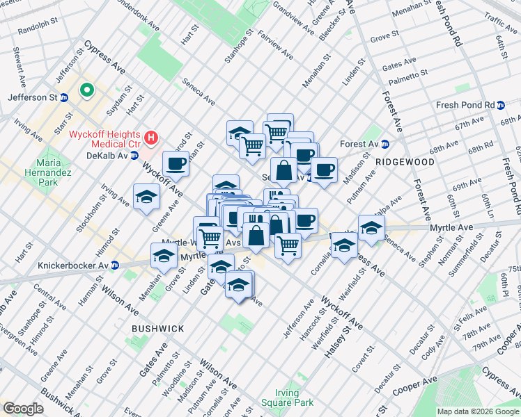 map of restaurants, bars, coffee shops, grocery stores, and more near 3-11 Saint Nicholas Avenue in Queens