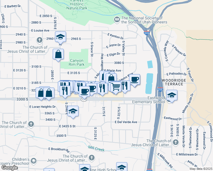 map of restaurants, bars, coffee shops, grocery stores, and more near 3223 East 3300 South in Salt Lake City