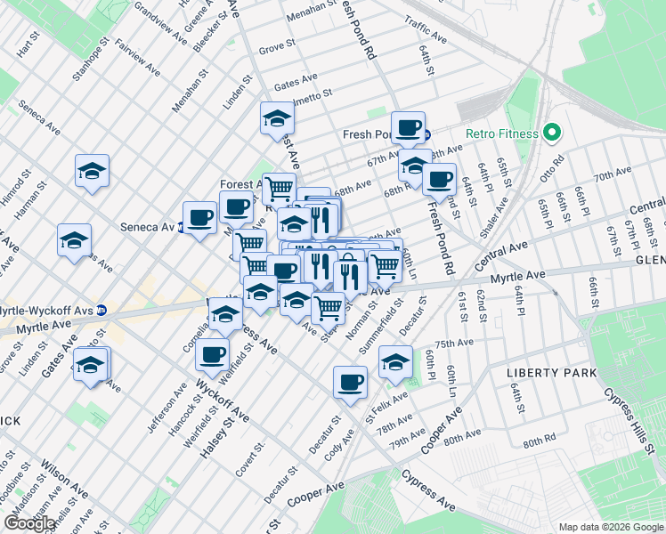 map of restaurants, bars, coffee shops, grocery stores, and more near 58-2 Myrtle Avenue in Queens