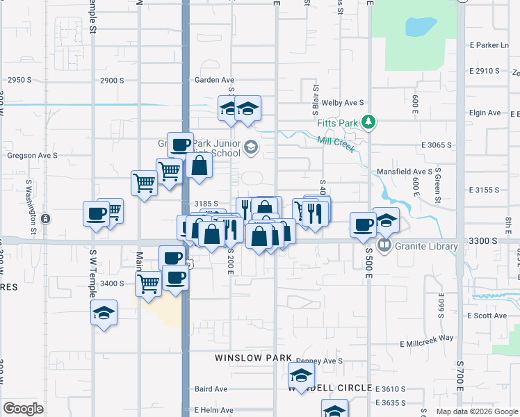 map of restaurants, bars, coffee shops, grocery stores, and more near 3198 South 300 East in South Salt Lake