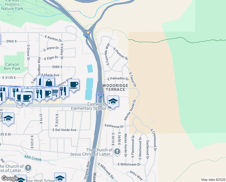 map of restaurants, bars, coffee shops, grocery stores, and more near 3206 South Kaibab Way in Salt Lake City