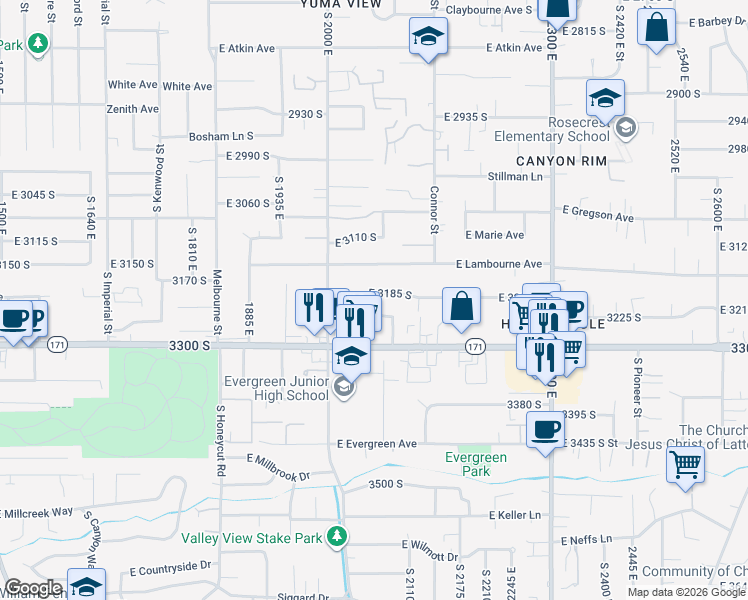 map of restaurants, bars, coffee shops, grocery stores, and more near 3211 South 2045 East in Salt Lake City