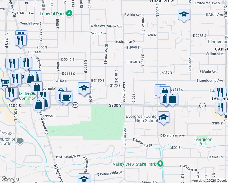 map of restaurants, bars, coffee shops, grocery stores, and more near 1810 3210 South in Salt Lake City