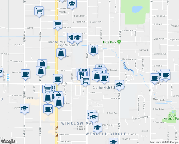 map of restaurants, bars, coffee shops, grocery stores, and more near 3219 South 300 East in South Salt Lake
