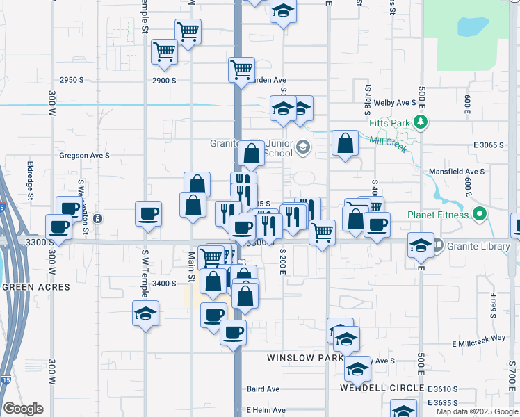 map of restaurants, bars, coffee shops, grocery stores, and more near 3208 South 200 East in South Salt Lake